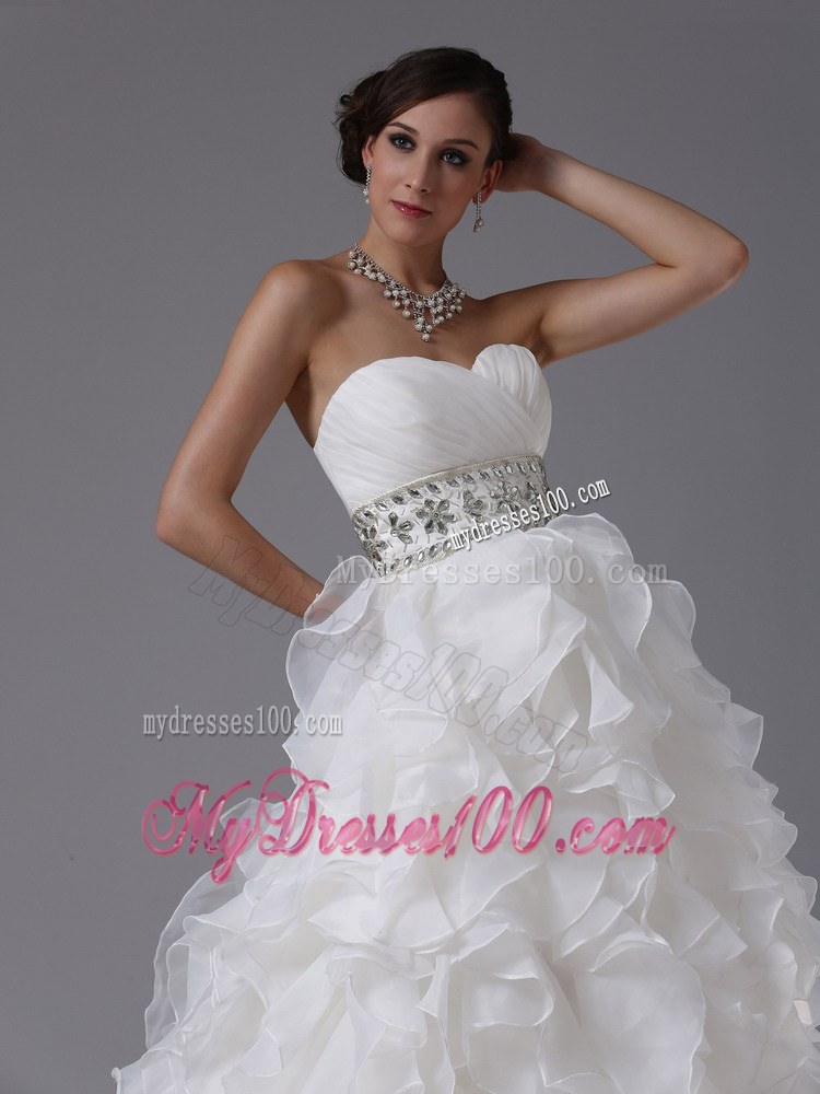 Sweetheart and Beading Decorate Waist for Strapless Ruffled Wedding Dress