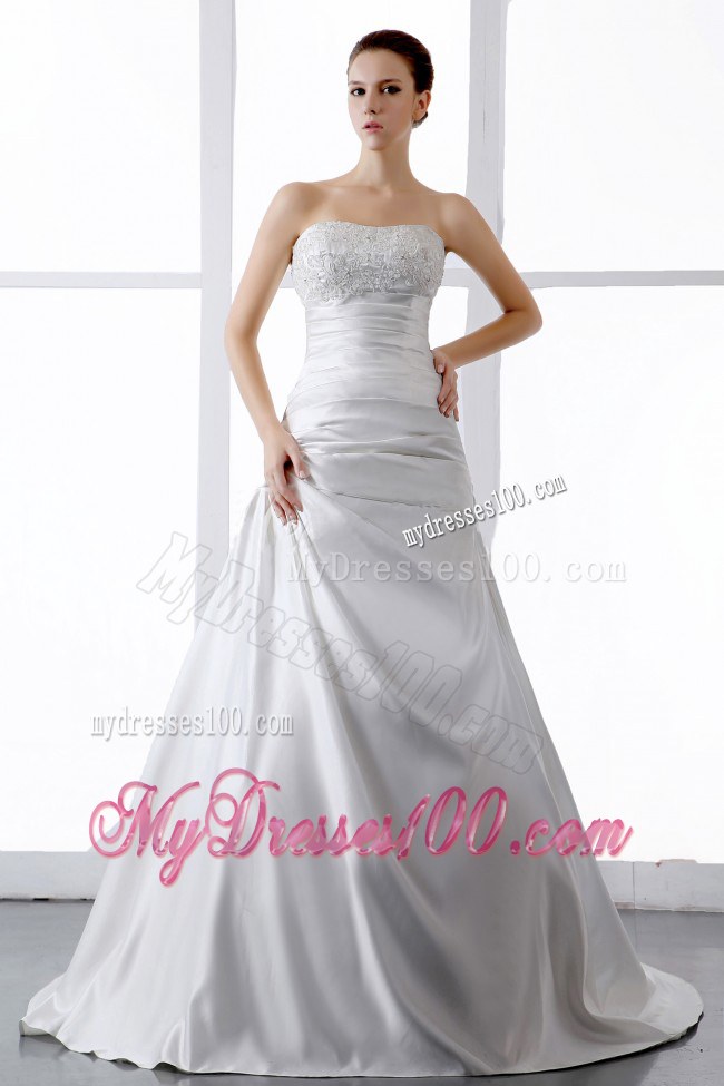 Strapless A-line Court Train White Bridal Dress for Wedding with Appliques