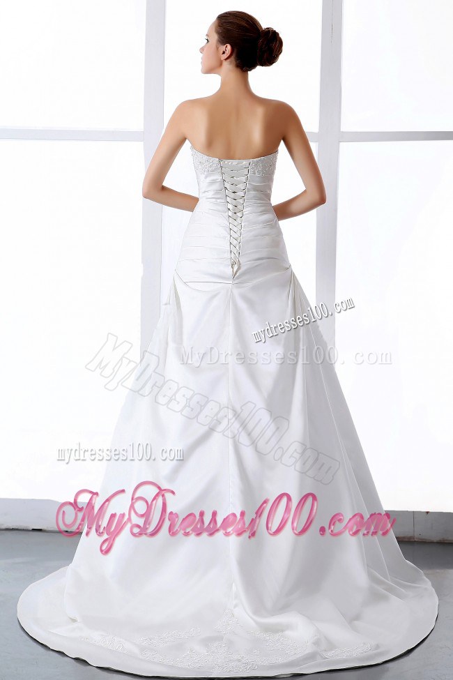 Strapless A-line Court Train White Bridal Dress for Wedding with Appliques