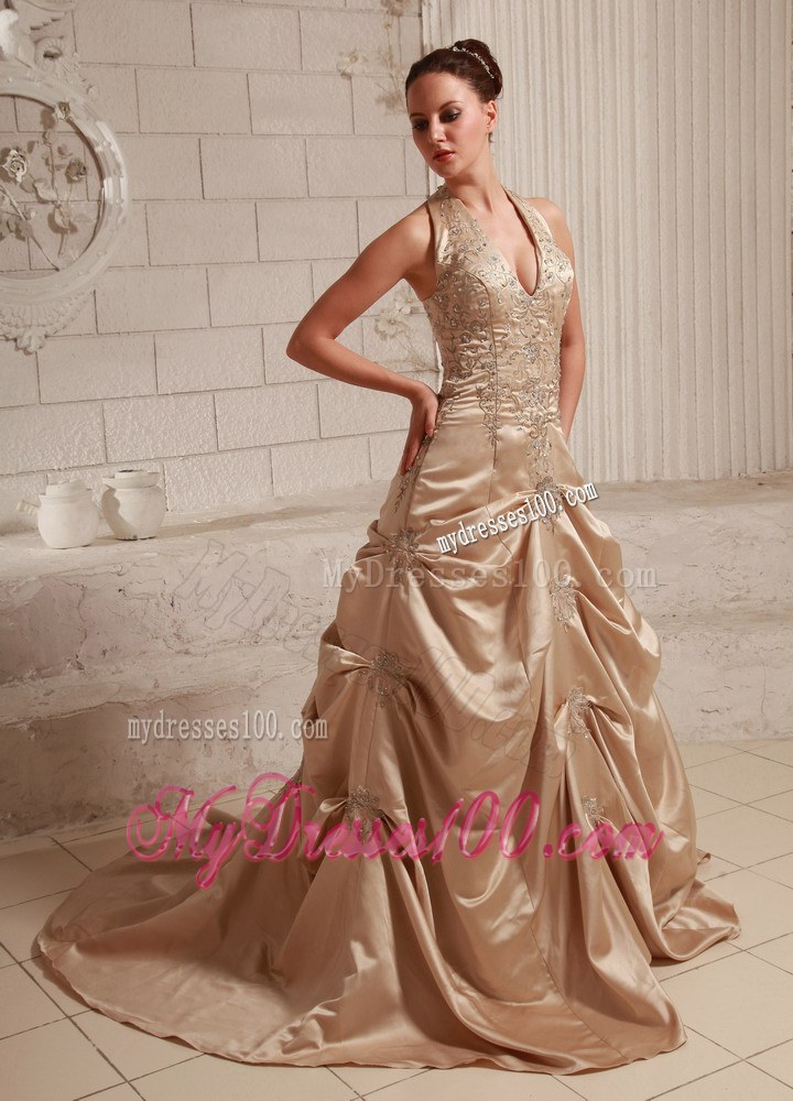 Halter Taffeta Champagne Bridal Dress for Wedding with Appliques and Beading