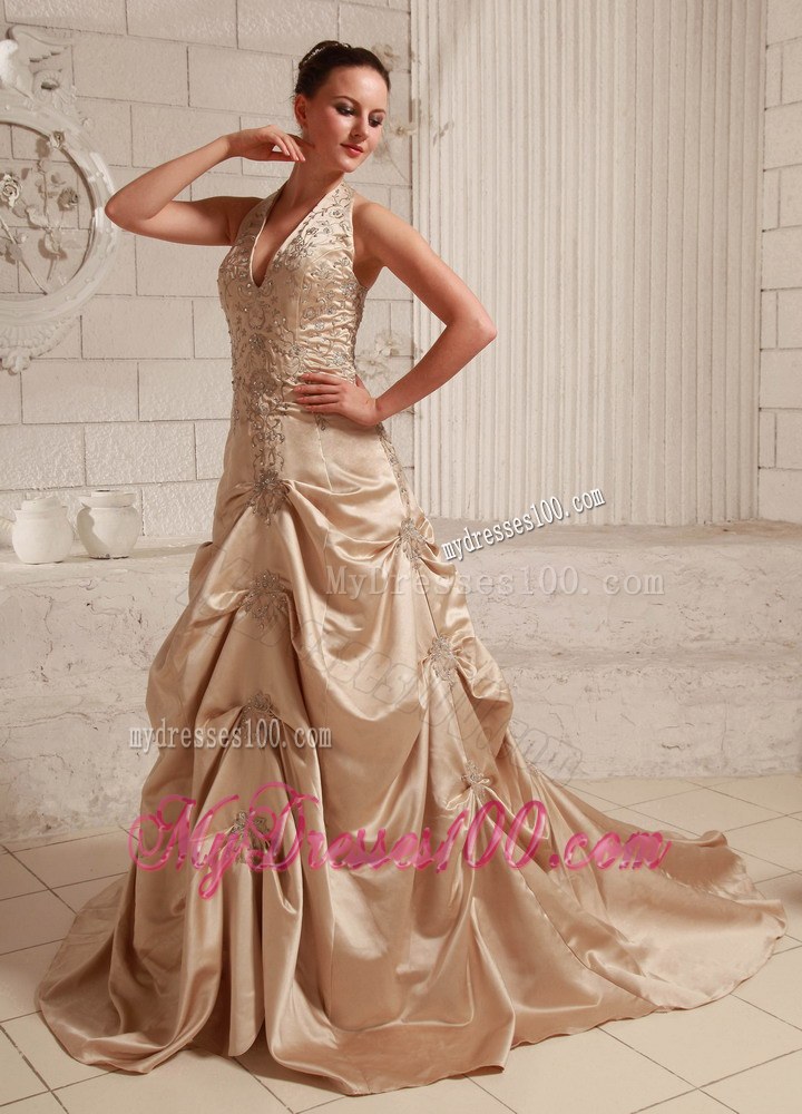 Halter Taffeta Champagne Bridal Dress for Wedding with Appliques and Beading
