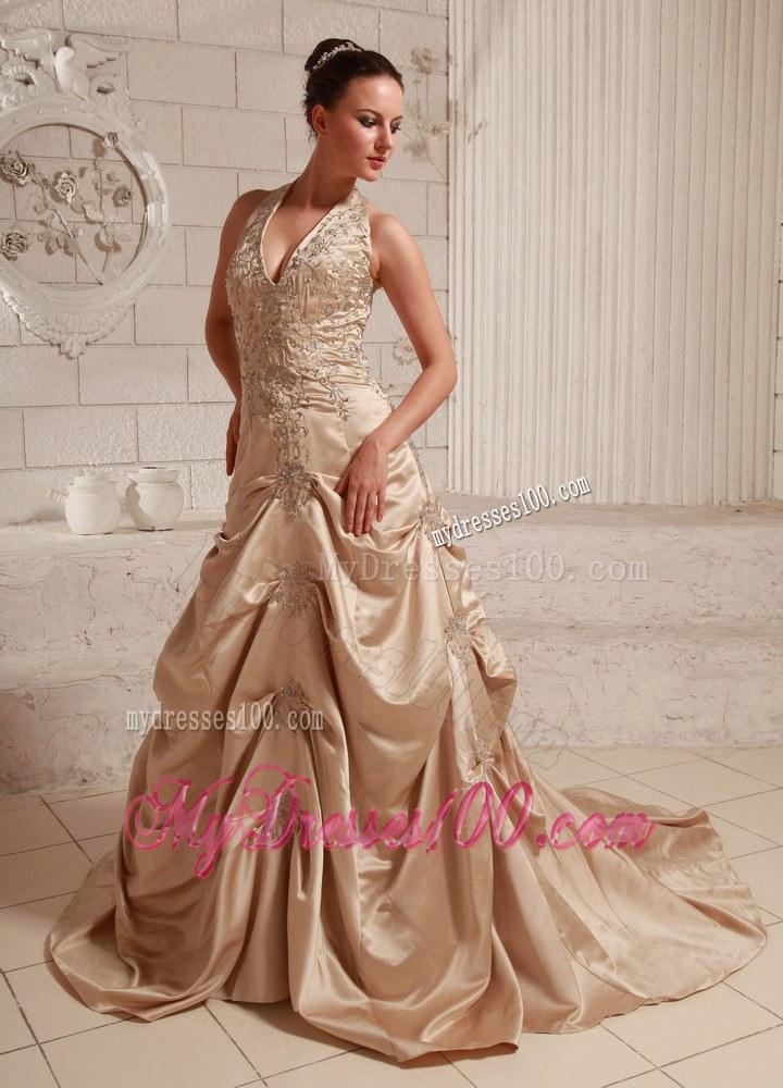 Halter Taffeta Champagne Bridal Dress for Wedding with Appliques and Beading