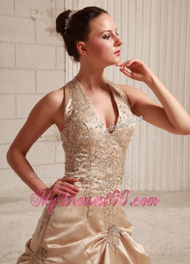 Halter Taffeta Champagne Bridal Dress for Wedding with Appliques and Beading