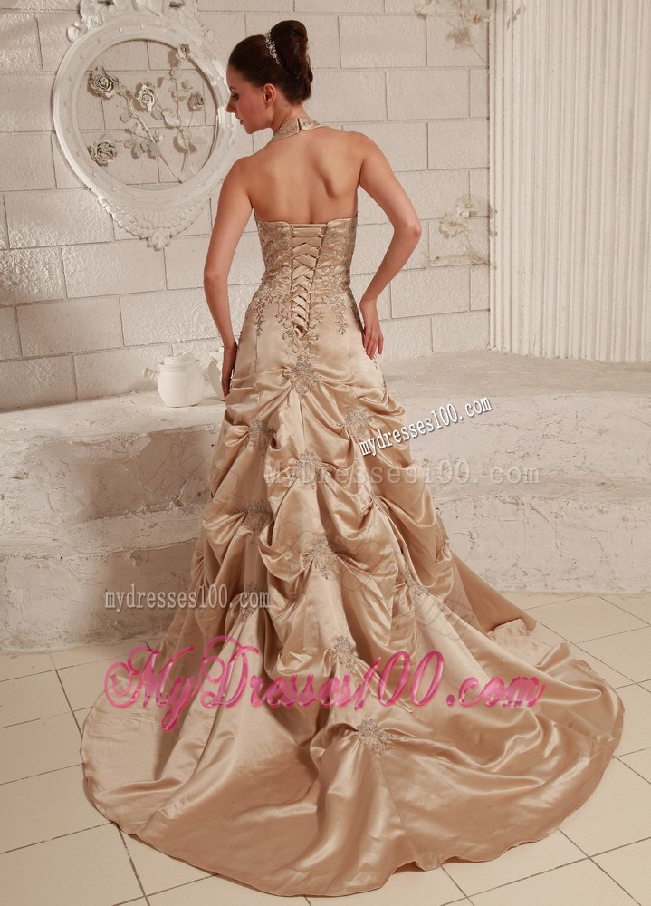 Halter Taffeta Champagne Bridal Dress for Wedding with Appliques and Beading
