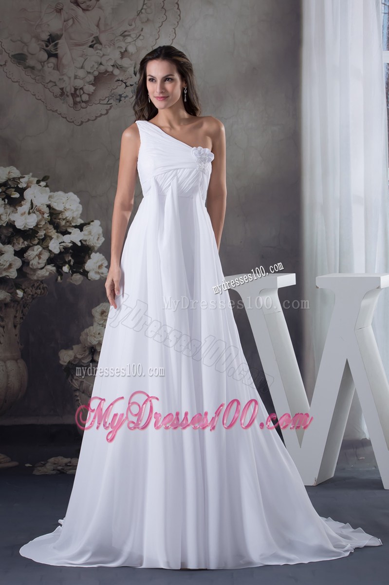 One Shoulder Chiffon Dress for Wedding with Hand Made Flowers and Brush Train