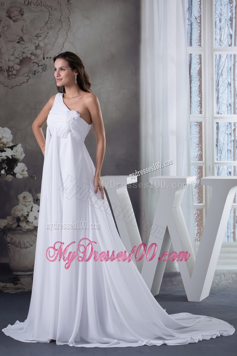One Shoulder Chiffon Dress for Wedding with Hand Made Flowers and Brush Train
