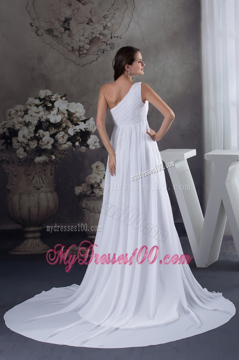 One Shoulder Chiffon Dress for Wedding with Hand Made Flowers and Brush Train