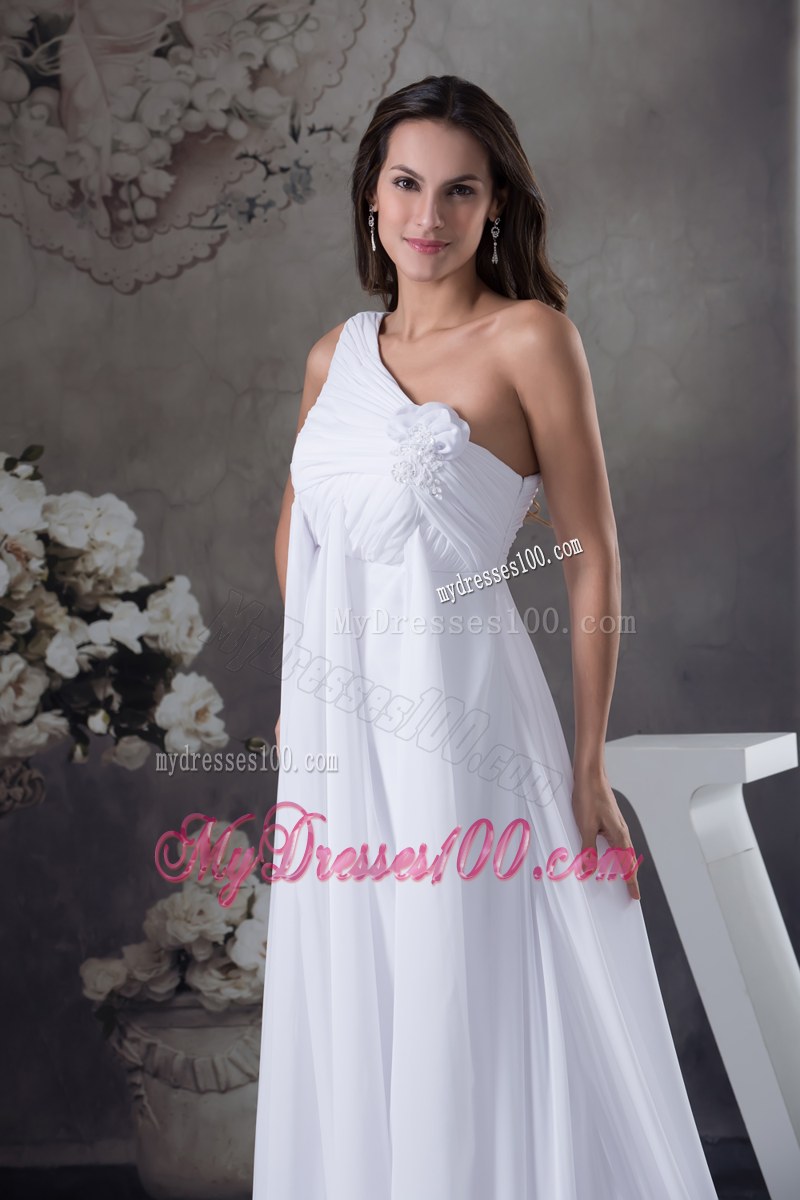 One Shoulder Chiffon Dress for Wedding with Hand Made Flowers and Brush Train