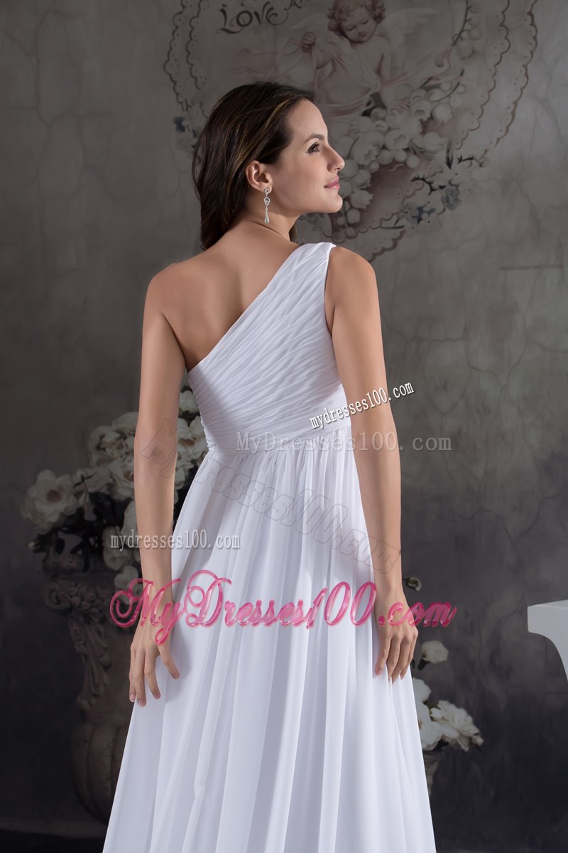 One Shoulder Chiffon Dress for Wedding with Hand Made Flowers and Brush Train