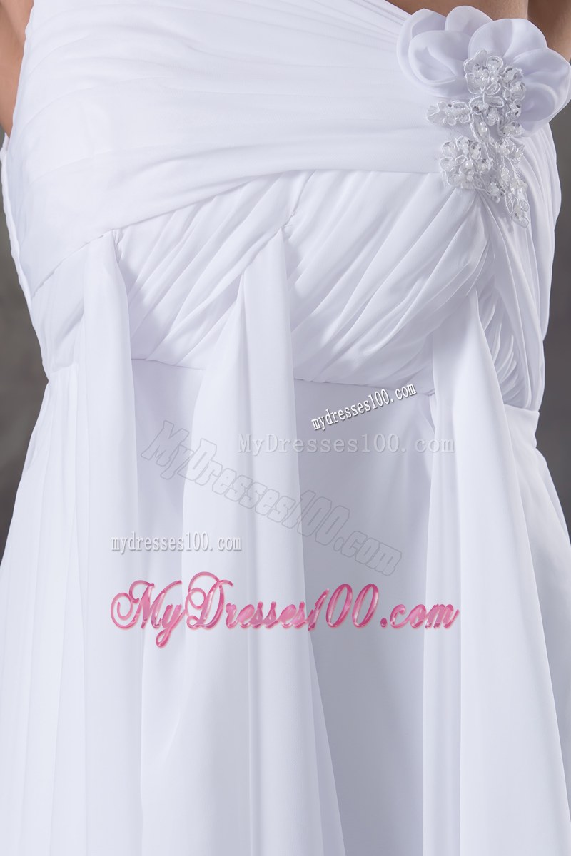 One Shoulder Chiffon Dress for Wedding with Hand Made Flowers and Brush Train