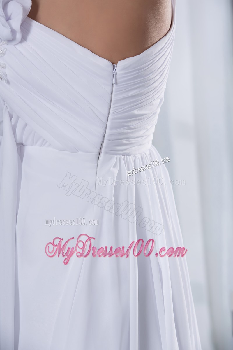 One Shoulder Chiffon Dress for Wedding with Hand Made Flowers and Brush Train