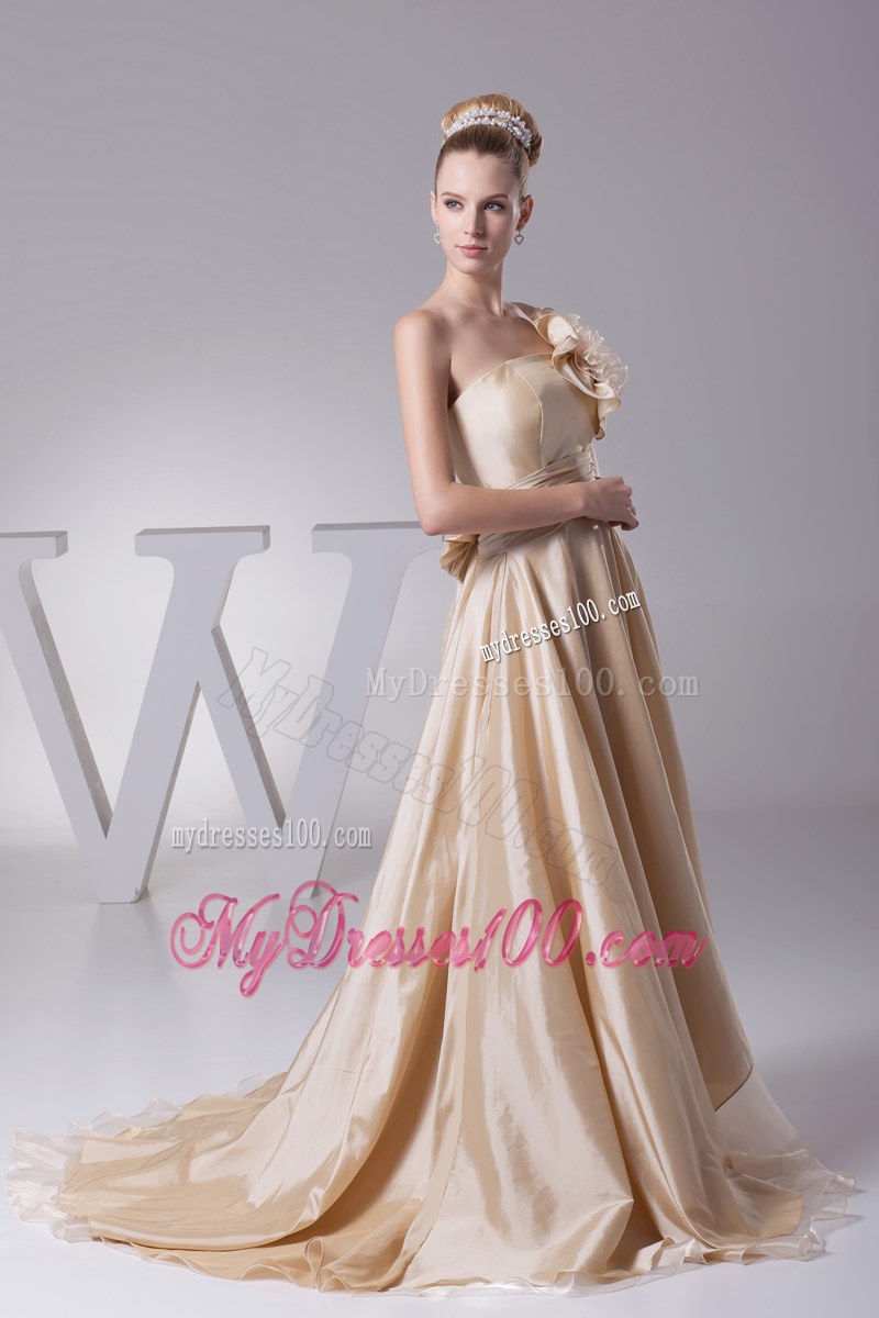 Handle Flowers and Bowknot Decorated Champagne Bridal Dress with Sweep Train