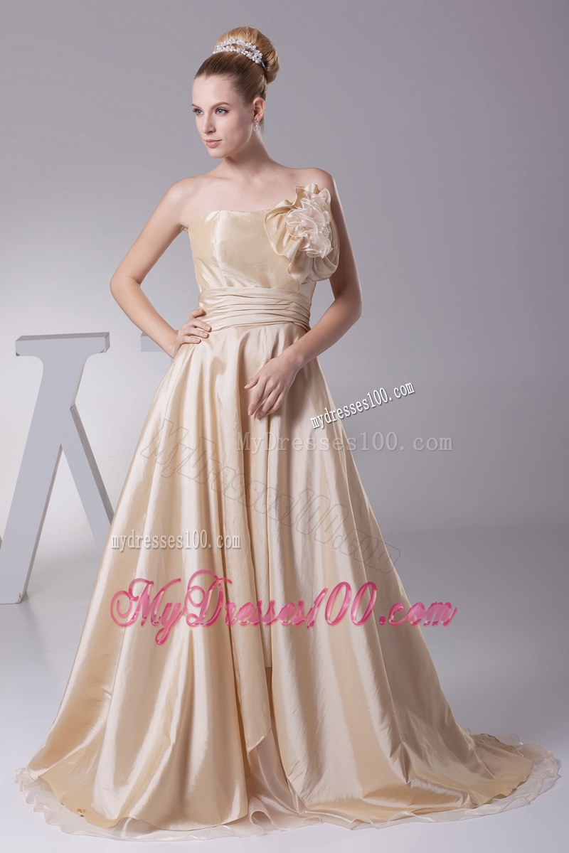 Handle Flowers and Bowknot Decorated Champagne Bridal Dress with Sweep Train