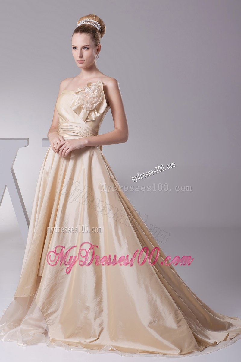 Handle Flowers and Bowknot Decorated Champagne Bridal Dress with Sweep Train