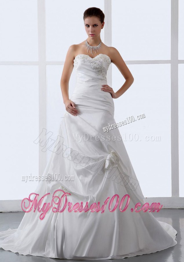Hand Made Flowers and Pick-ups Decorate Sweetheart A-line bridal Dress