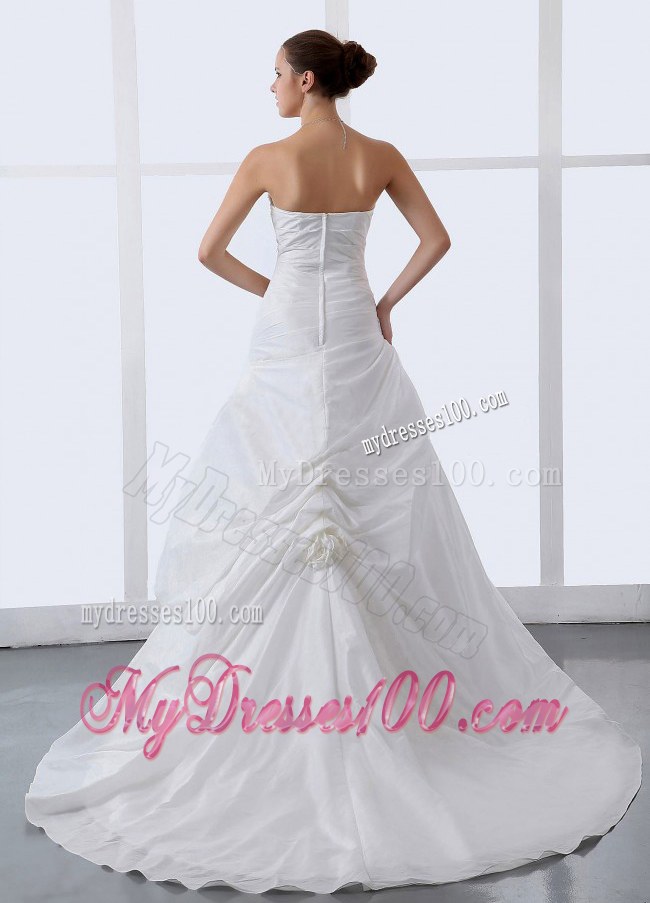 Hand Made Flowers and Pick-ups Decorate Sweetheart A-line bridal Dress