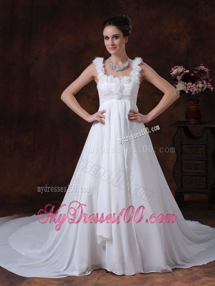Hand Made Flowers Decorated Straps and Bodice for Chapel Train Wedding Dress