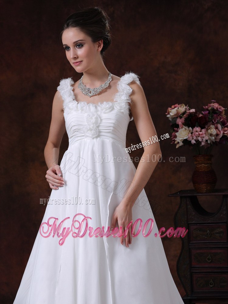 Hand Made Flowers Decorated Straps and Bodice for Chapel Train Wedding Dress