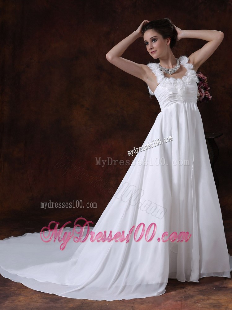 Hand Made Flowers Decorated Straps and Bodice for Chapel Train Wedding Dress