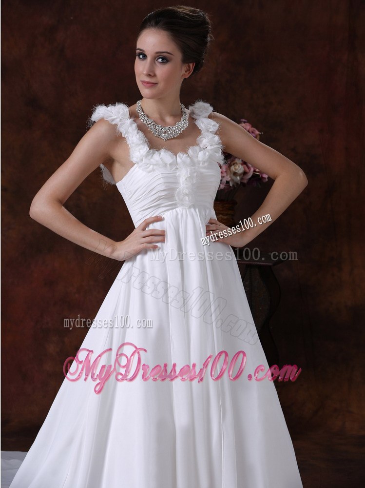 Hand Made Flowers Decorated Straps and Bodice for Chapel Train Wedding Dress