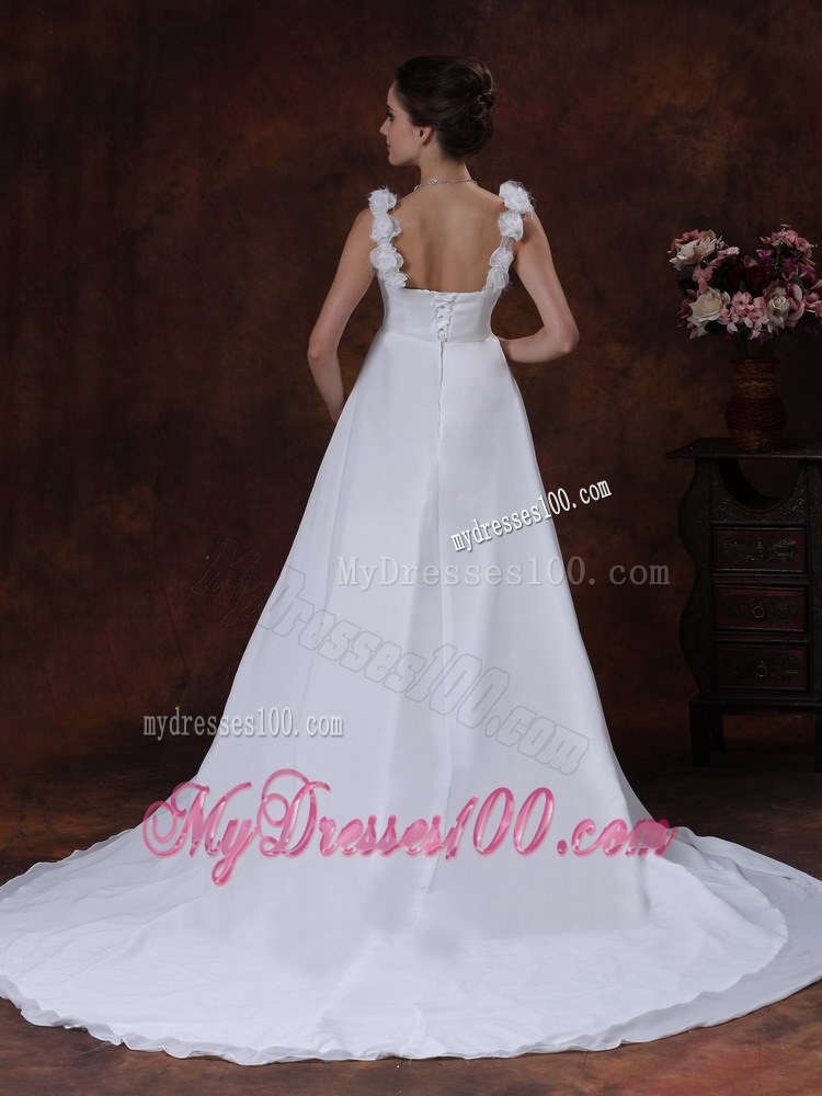 Hand Made Flowers Decorated Straps and Bodice for Chapel Train Wedding Dress
