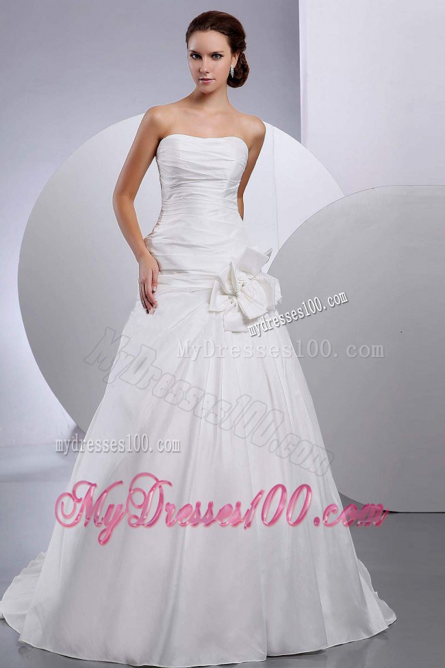 Strapless Court Train A-line Wedding Dresses with Handle-Made Flowers