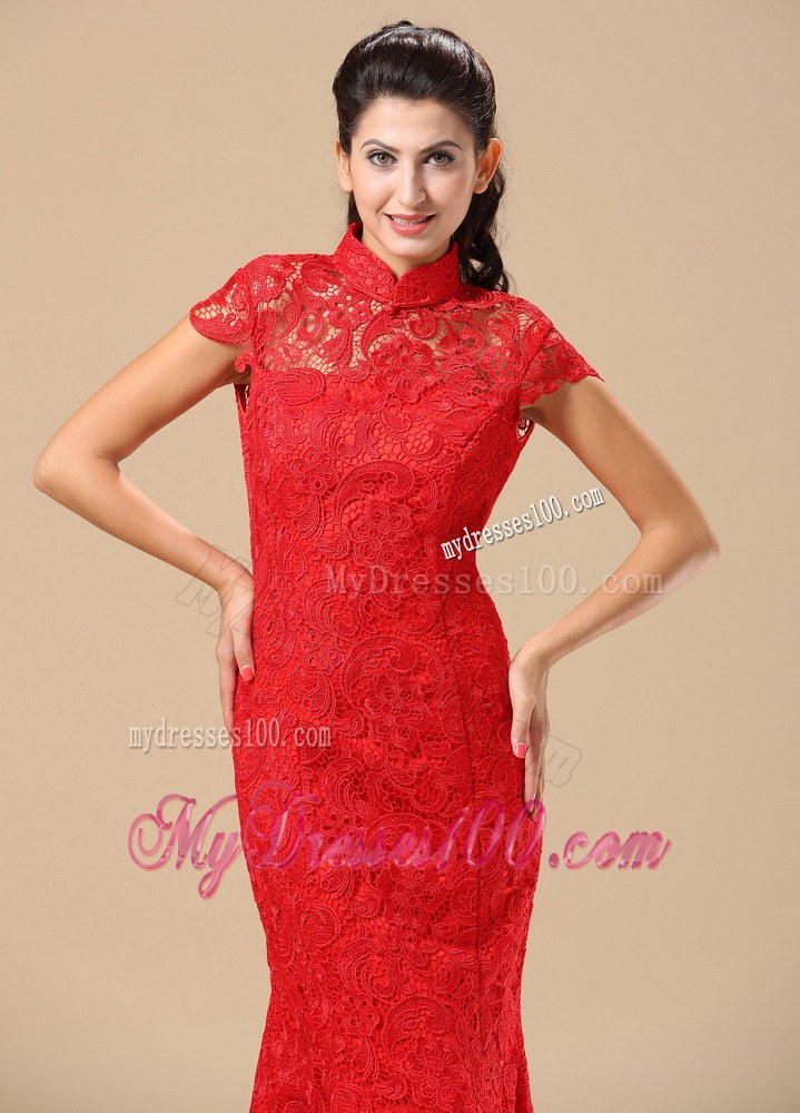 High-Neck Red Lace Column Brush Train Wedding Gown with Cutout Back