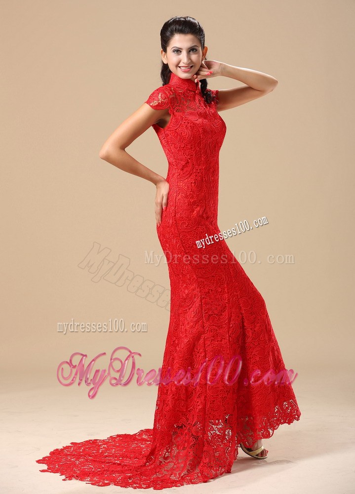 High-Neck Red Lace Column Brush Train Wedding Gown with Cutout Back