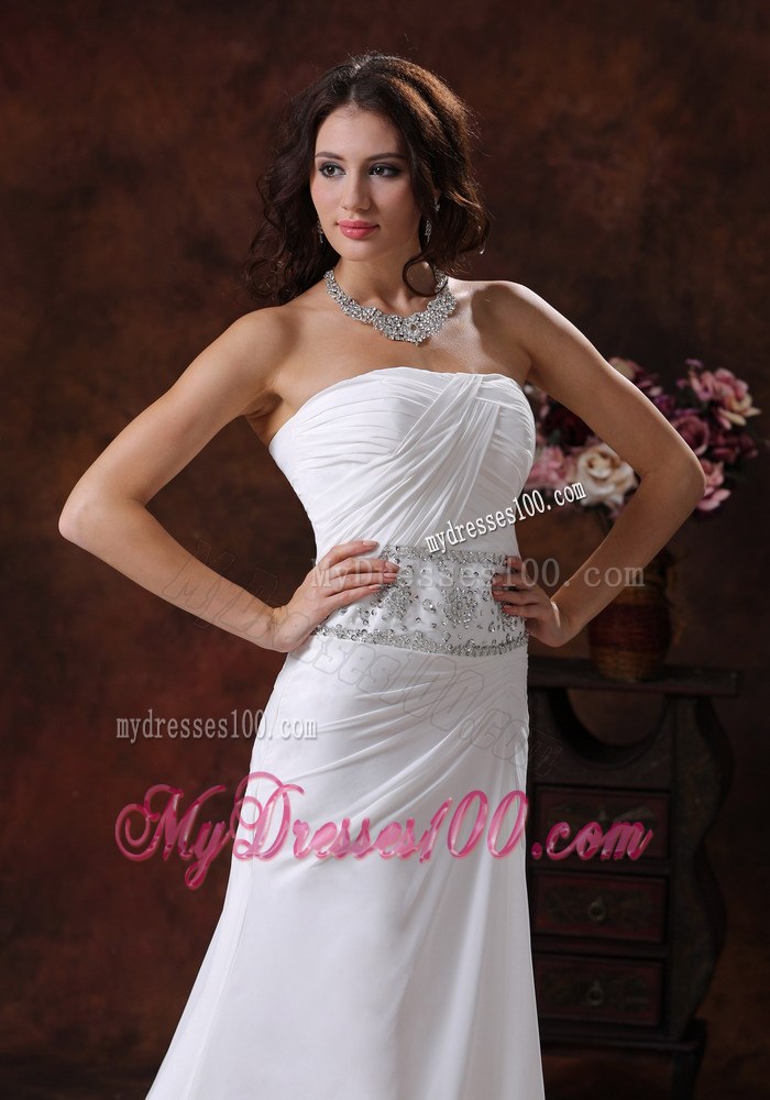 Good Quality Embroidery Ruche Mermaid Chapel Train White Wedding Dress