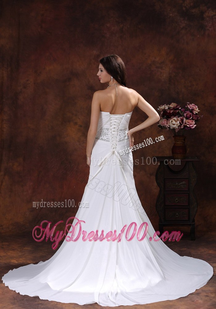 Good Quality Embroidery Ruche Mermaid Chapel Train White Wedding Dress