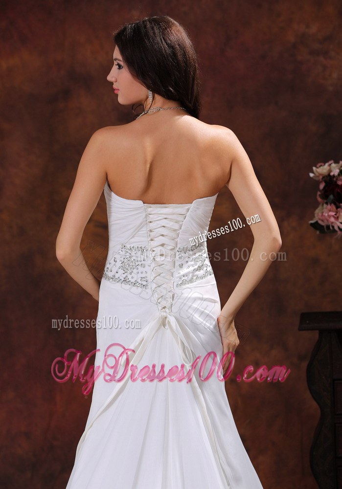 Good Quality Embroidery Ruche Mermaid Chapel Train White Wedding Dress