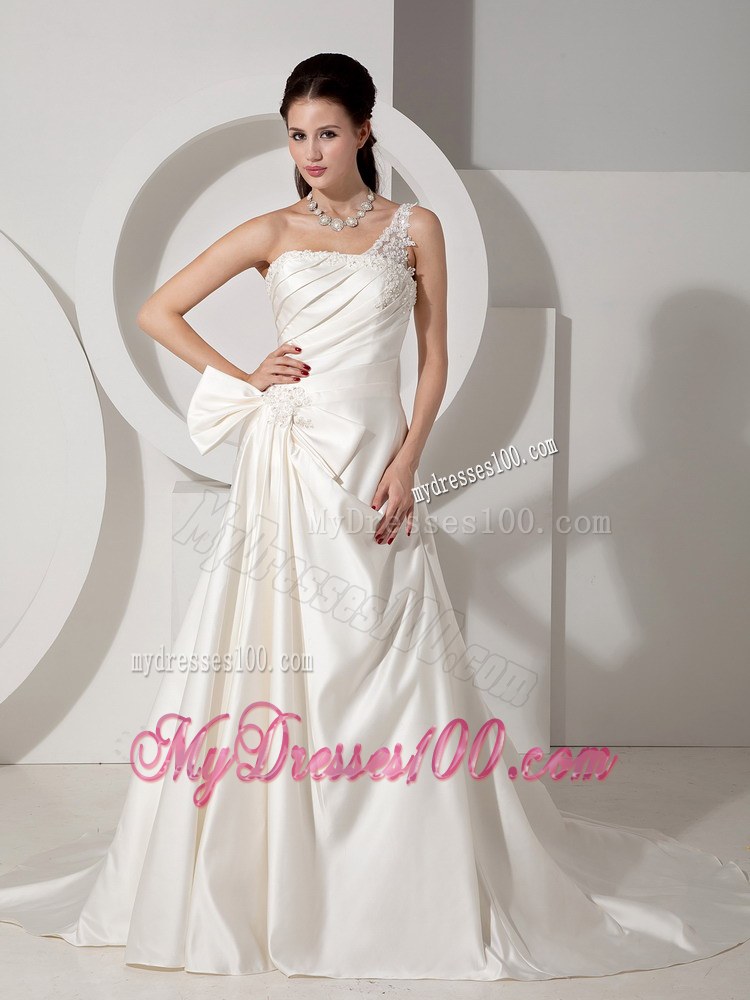 Ruched Bodice for One Shoulder Court Train Ivory Bridal Dresses with Bowknot