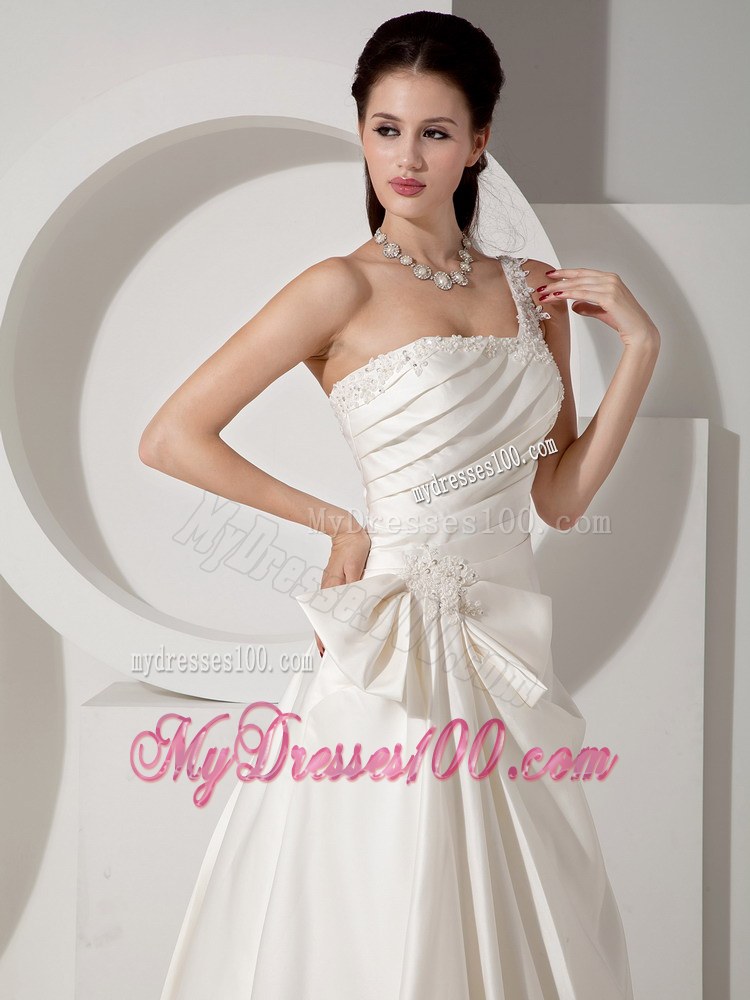Ruched Bodice for One Shoulder Court Train Ivory Bridal Dresses with Bowknot