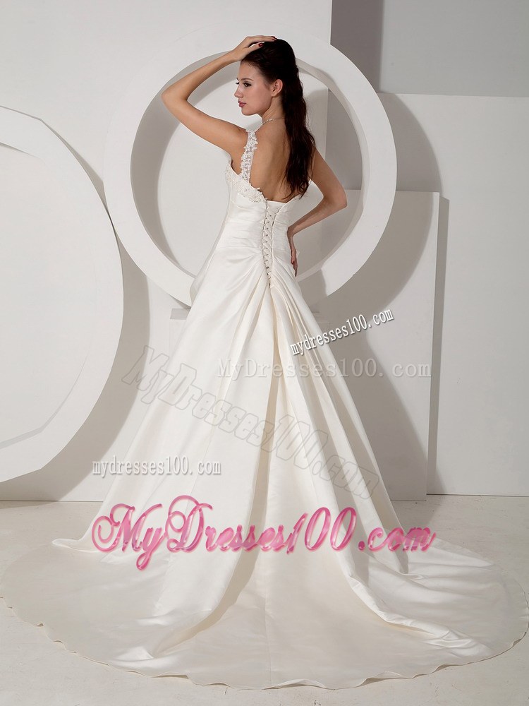 Ruched Bodice for One Shoulder Court Train Ivory Bridal Dresses with Bowknot