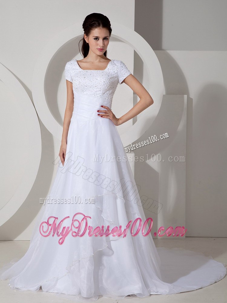 White Square Neck Beaded Court Train wedding bridal dresses with Cap Sleeves