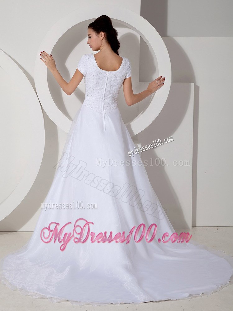 White Square Neck Beaded Court Train wedding bridal dresses with Cap Sleeves