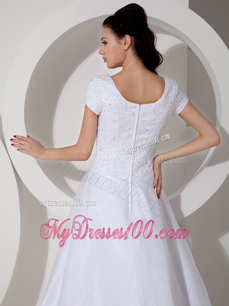 White Square Neck Beaded Court Train wedding bridal dresses with Cap Sleeves