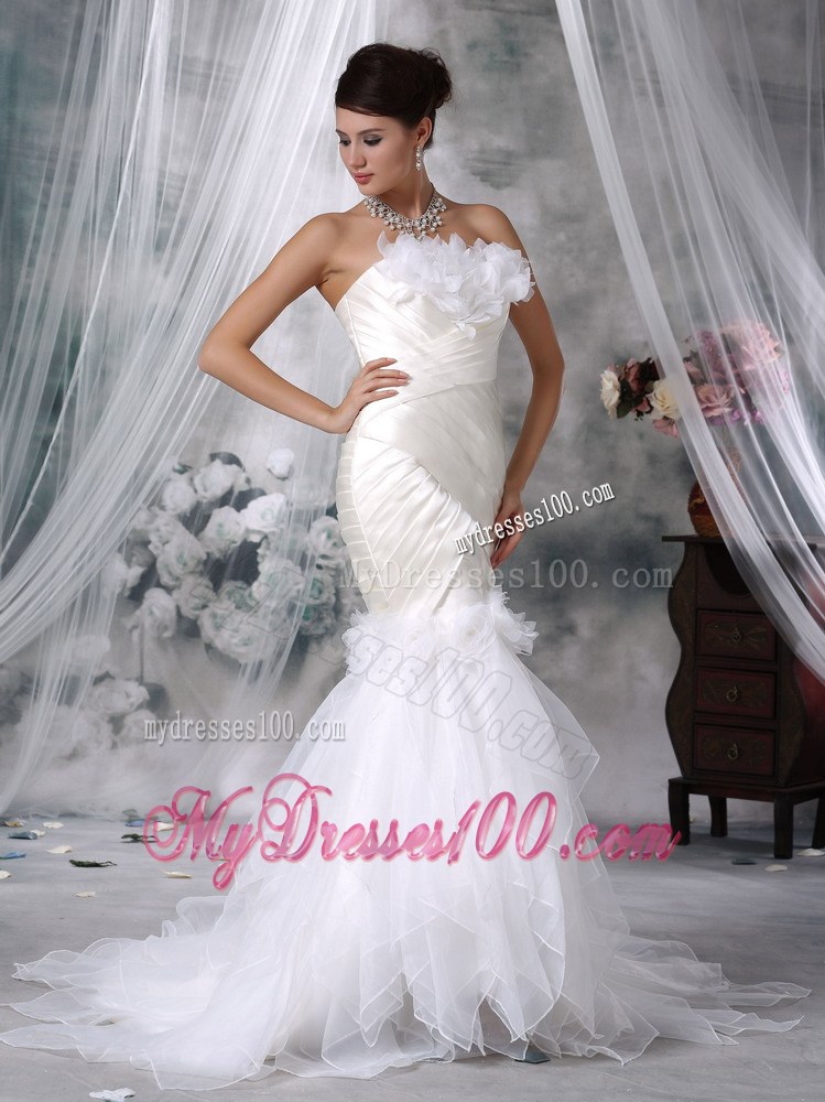 Flowers Accent Ivory Mermaid Court Train Bridal Dresses Organza