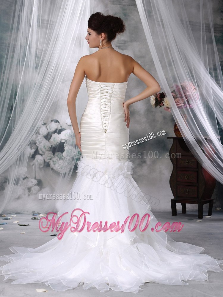 Flowers Accent Ivory Mermaid Court Train Bridal Dresses Organza