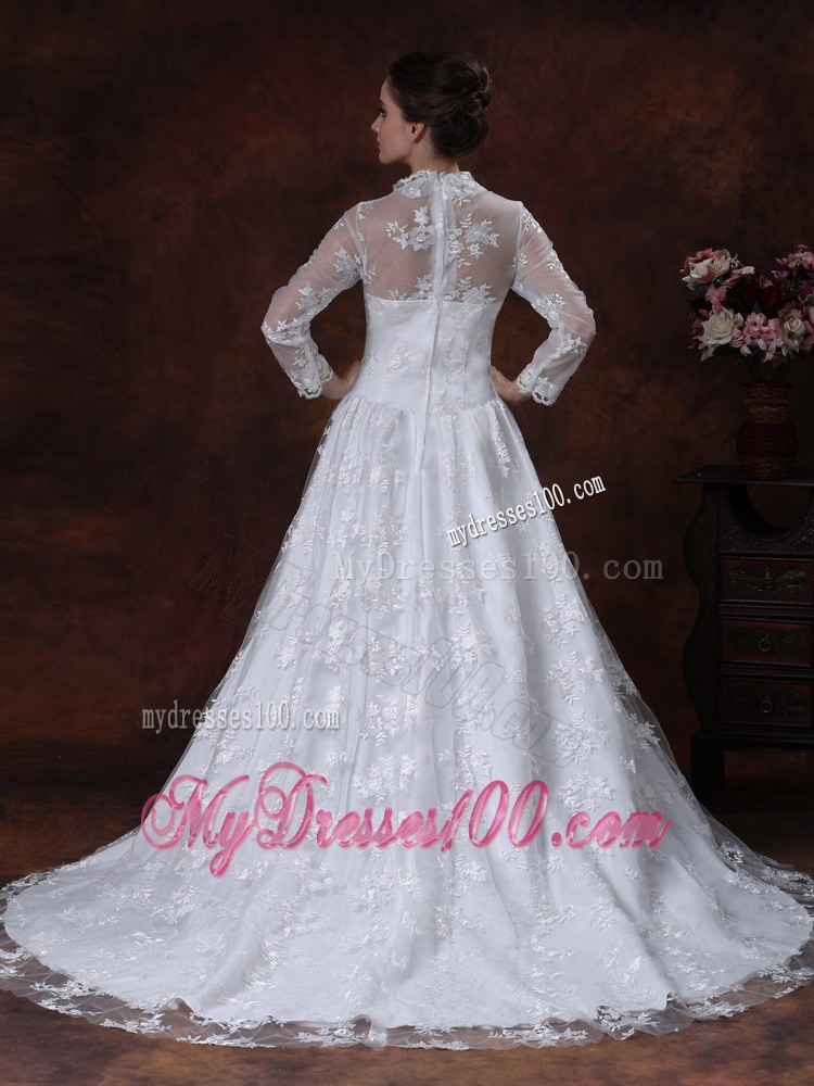 Lace Princess V-neck Long Sleeves Court Train Wedding Bridal Gown