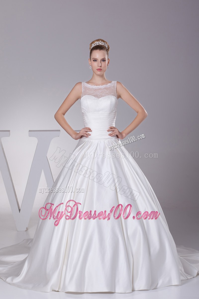 Ruching Wedding Bridal Gown with Transparent Neckline and Hollow Out Back