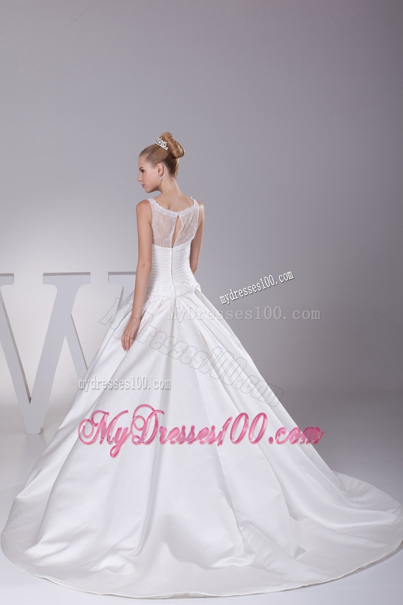 Ruching Wedding Bridal Gown with Transparent Neckline and Hollow Out Back