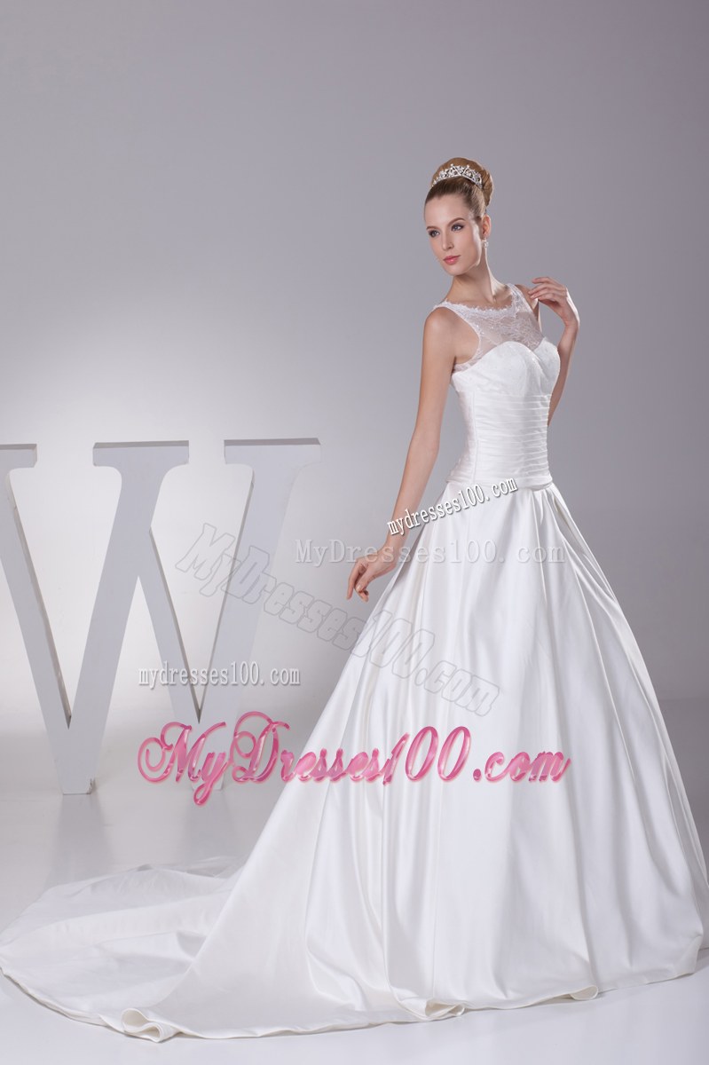 Ruching Wedding Bridal Gown with Transparent Neckline and Hollow Out Back