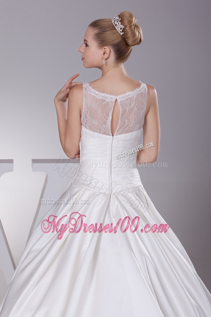 Ruching Wedding Bridal Gown with Transparent Neckline and Hollow Out Back