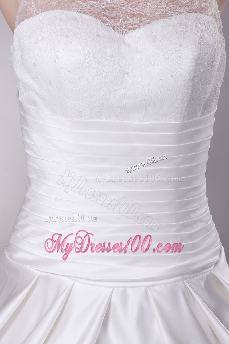 Ruching Wedding Bridal Gown with Transparent Neckline and Hollow Out Back