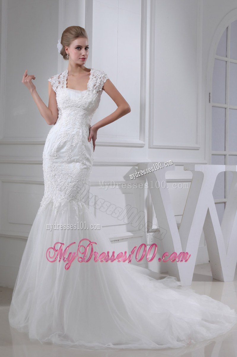 Beaded Lace Flowers Mermaid Bridal Gown with Court Train and Wide Straps