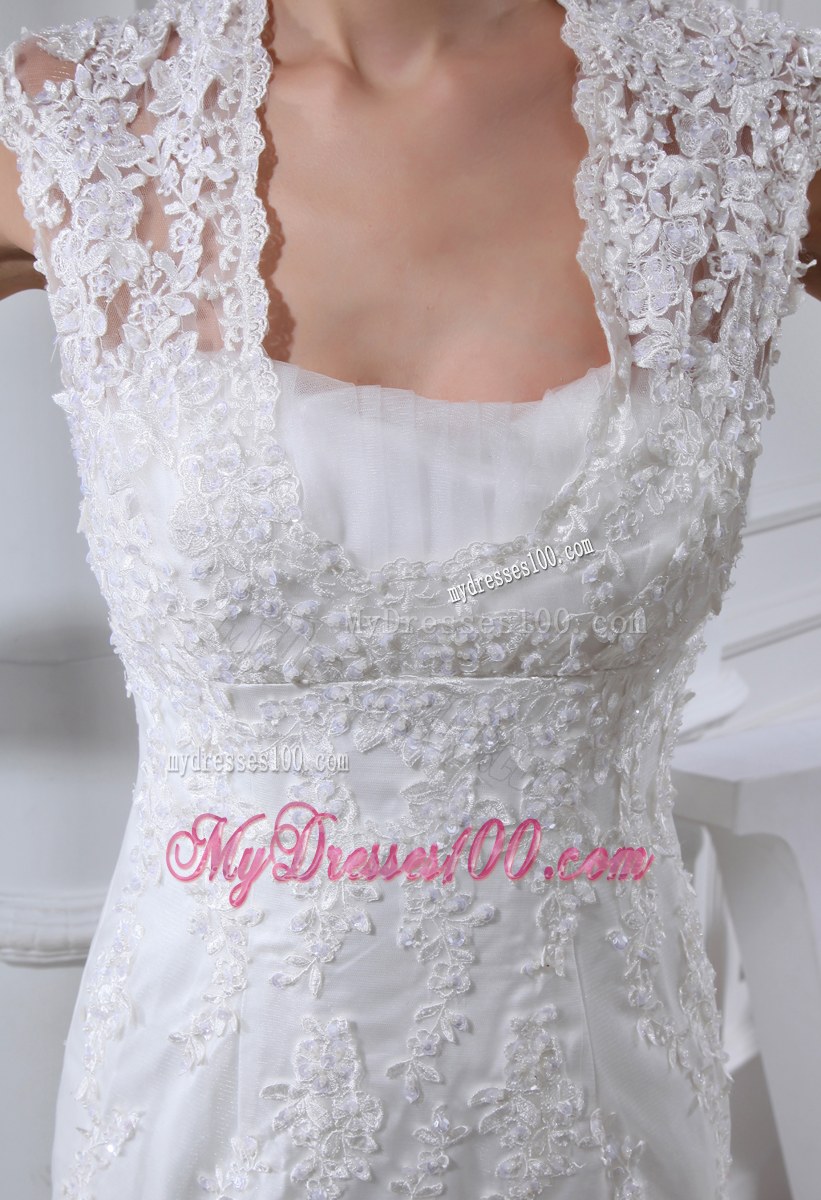 Beaded Lace Flowers Mermaid Bridal Gown with Court Train and Wide Straps