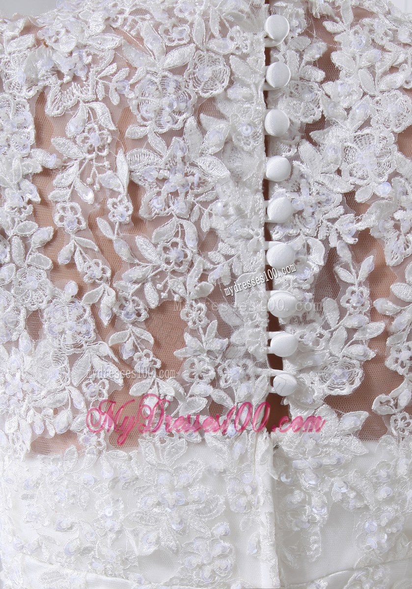 Beaded Lace Flowers Mermaid Bridal Gown with Court Train and Wide Straps