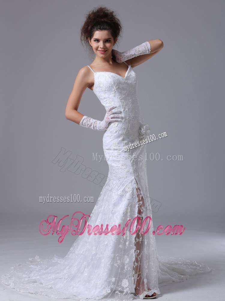 Lace Sleeveless Bridal Dresses with Spaghetti Straps and Court Train