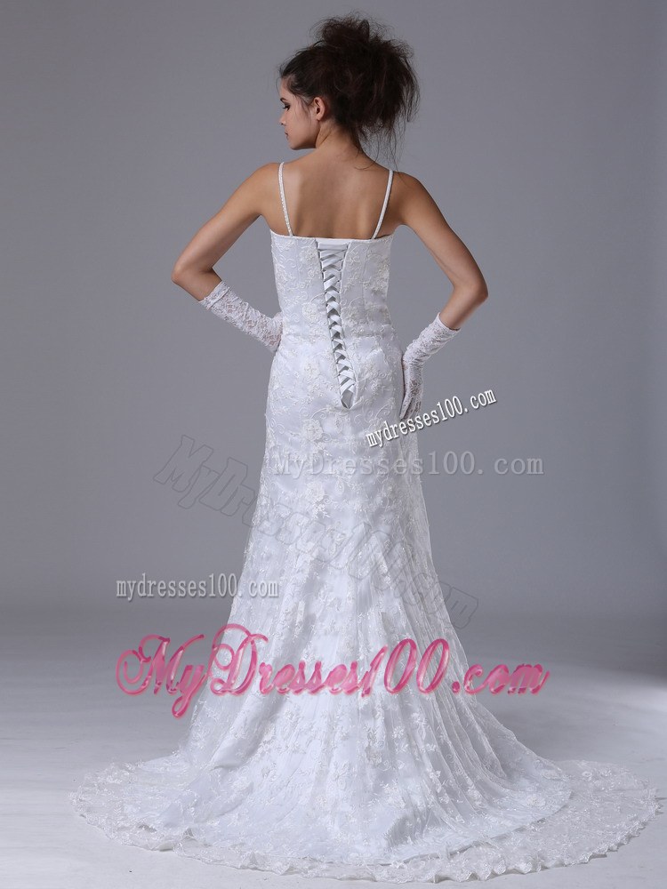 Lace Sleeveless Bridal Dresses with Spaghetti Straps and Court Train